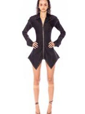 SAMI MIRO VINTAGE Black Zip-Front Raw Denim Dress with Contrast Stitching